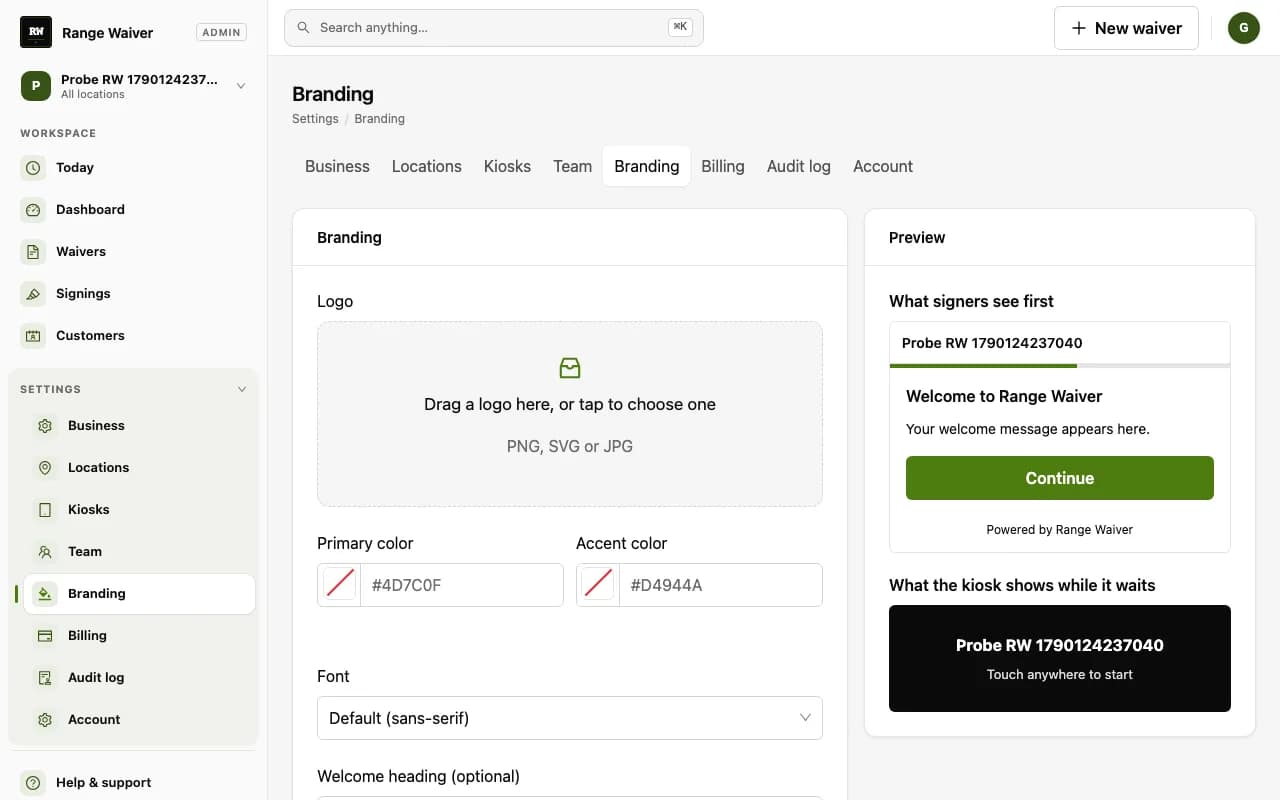 Range Waiver branding settings for a demo range: logo upload, primary and accent color pickers, and a live preview of what signers and the kiosk will show