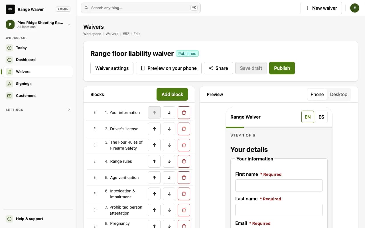 The Range Waiver template builder for a demo range: drag-drop block list with a live mobile preview alongside it