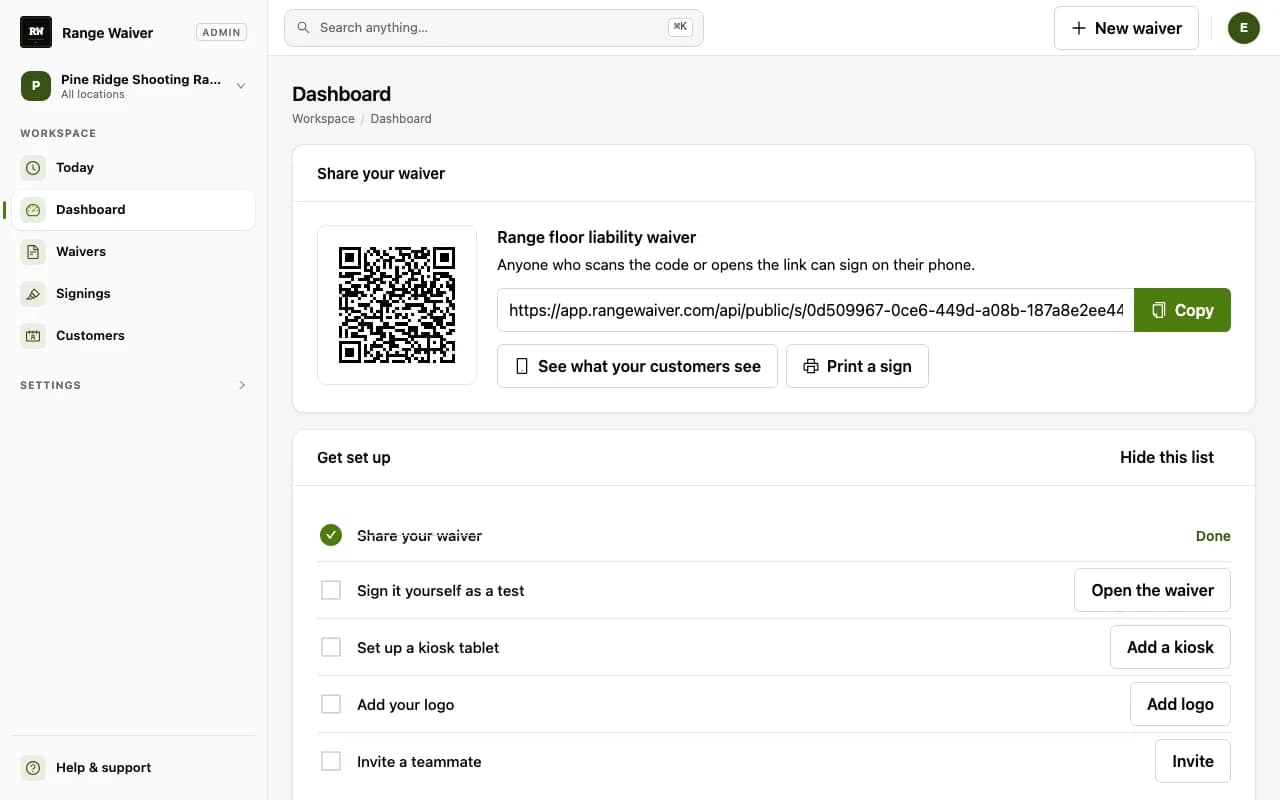 Range Waiver dashboard for a demo range: a QR code and copyable link to share the waiver, next to a getting-started checklist