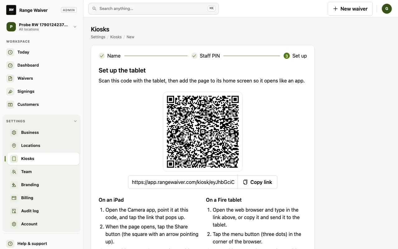 Range Waiver kiosk setup screen for a demo range: a QR code and step-by-step instructions for adding the kiosk to an iPad or Fire tablet's home screen