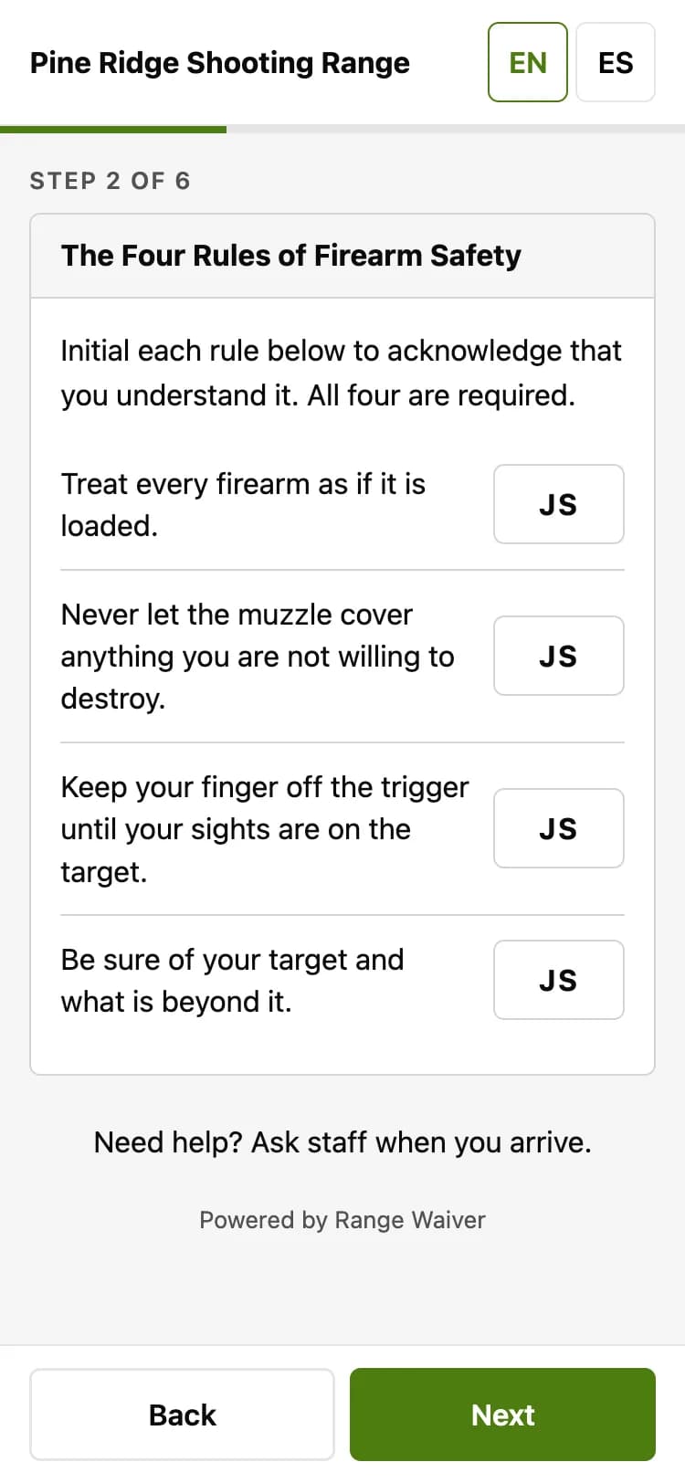 Range Waiver signing flow for a demo range: shown on a phone, the Four Rules of Firearm Safety with a required initials box next to each rule