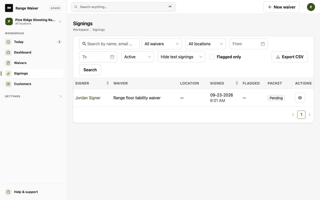 Range Waiver signings list for a demo range, search by name or email, filter by waiver, location, and date, with an Export CSV button and a Flagged-only checkbox