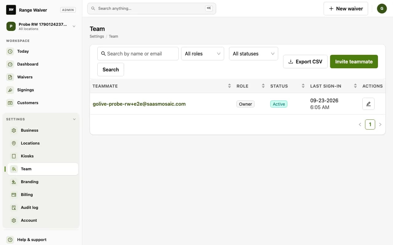 Range Waiver team page for a demo range: a teammate list with role, status, and last sign-in, plus Invite teammate and Export CSV buttons
