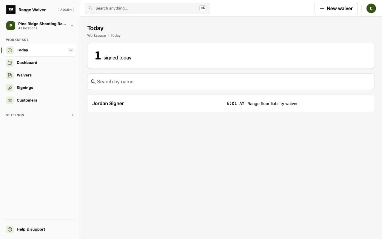Range Waiver 'Today' page for a demo range, showing a running count of waivers signed today and a searchable list of today's signers