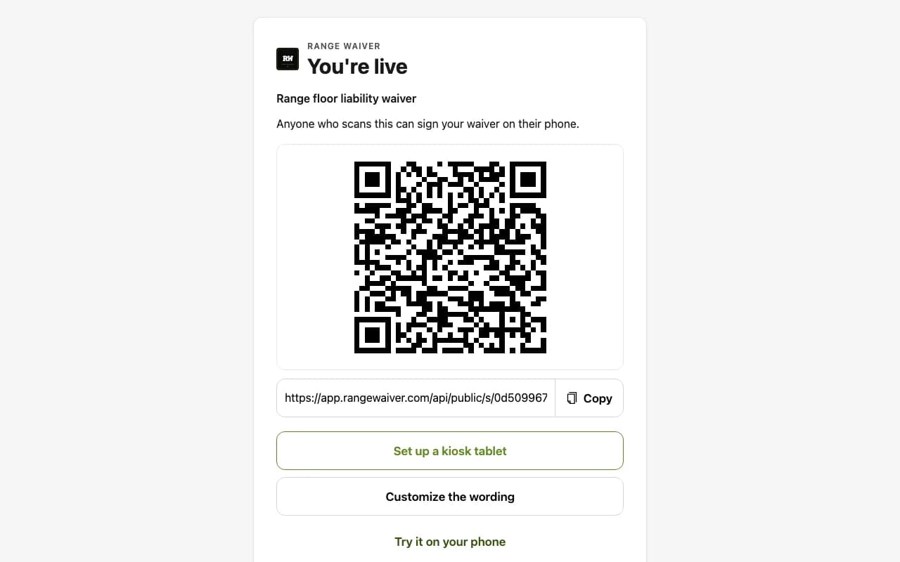 Range Waiver share screen for a demo range showing a QR code and copyable link, with buttons to set up a kiosk tablet or customize the wording