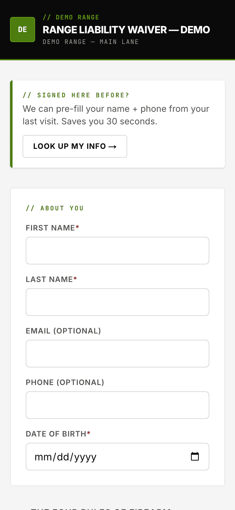 Range Waiver mobile signing flow — a customer signing a firearm liability waiver on their phone