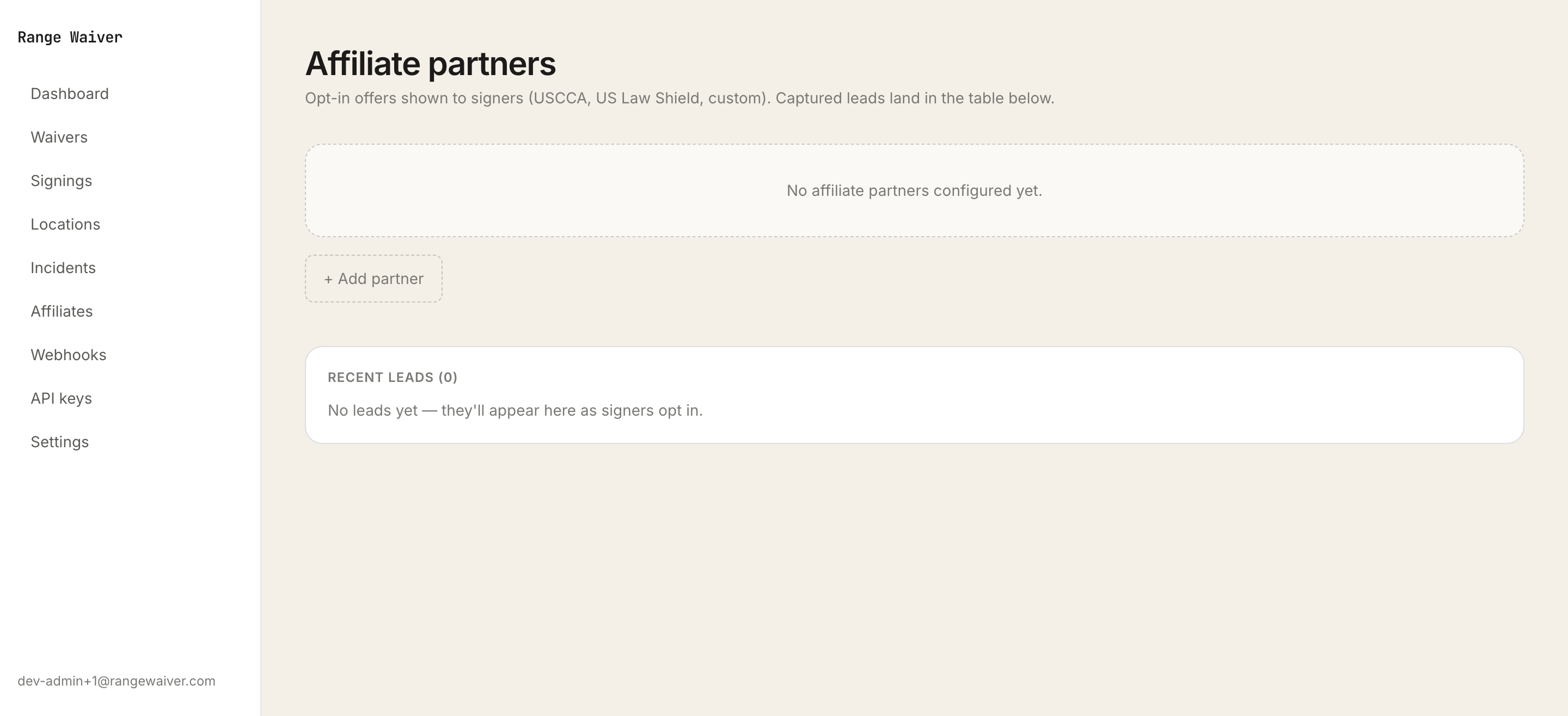 Range Waiver admin affiliates page — manage USCCA / U.S. LawShield / custom partner offers