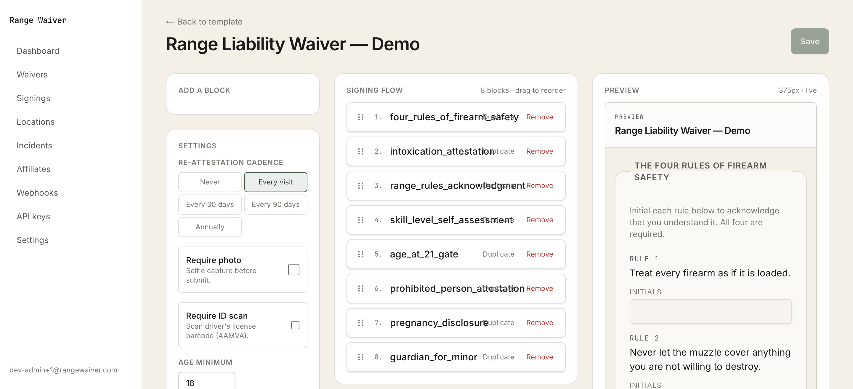 The Range Waiver template builder — drag-drop canvas with a live 375-pixel mobile preview