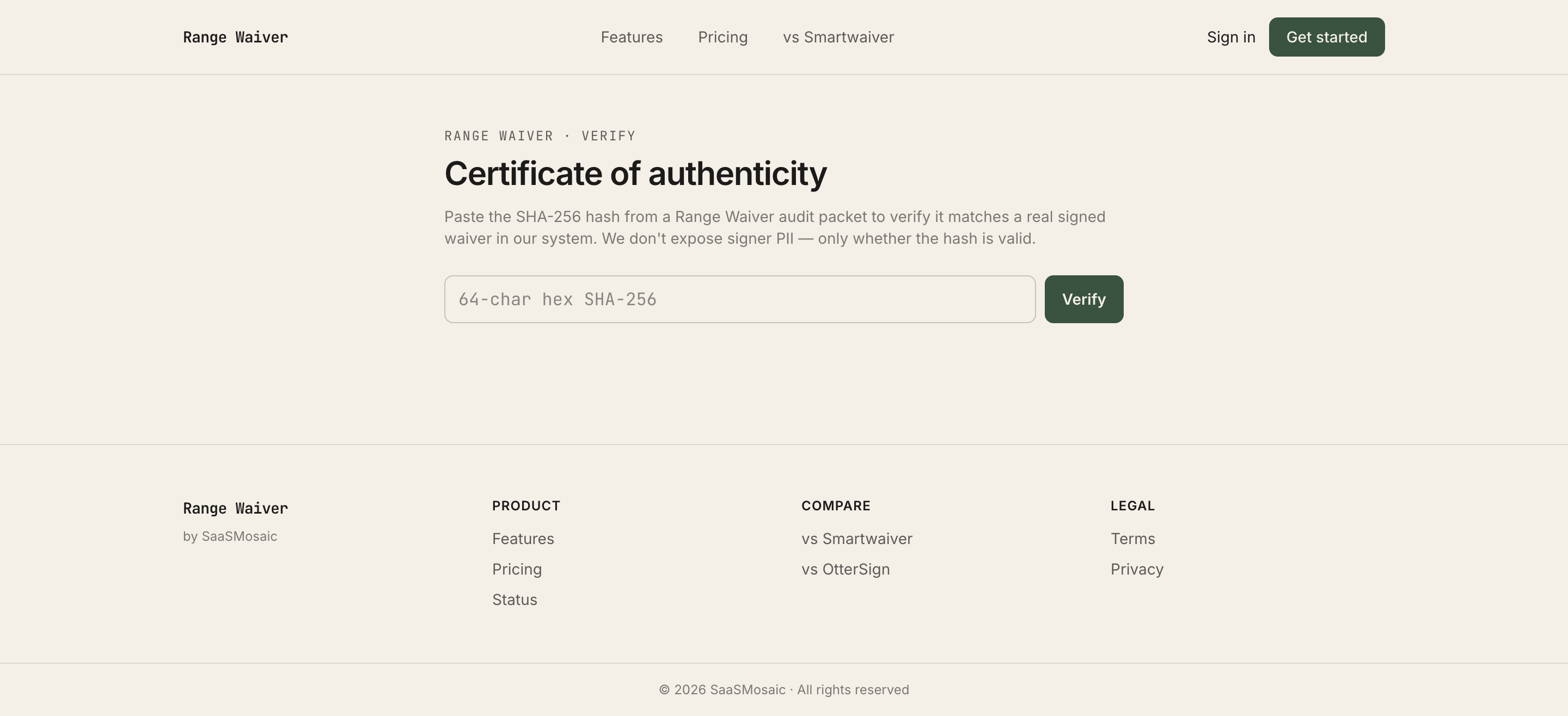 Range Waiver public Certificate of Authenticity verification page
